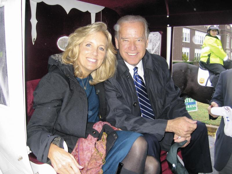 Dr. Jill and Vice President Joe Biden rode in the 2008 Return Day Parade in Georgetown two days after he was elected to the office along with President Barack Obama. They are shown just before the start of the parade in the horse-drawn carriage that carried them, escorted by a New Castle County mounted police officer on a Clydesdale. DENNIS FORNEY PHOTO